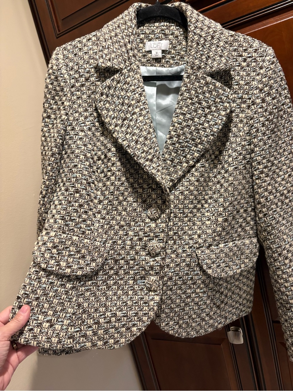 Loft 3 Button Tweed Wool Blue Black Cream Blazer - 12 - Picture 4 of 12
